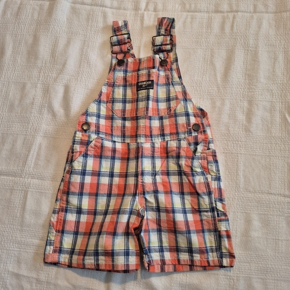 Oshkosh boys 2T shorts overalls, orange, blue white, yellow plaid VGUC